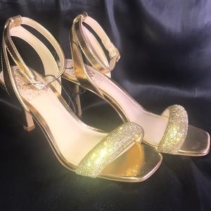 Vince Camuto | gold rhinestone bling open toe ankle strap heel